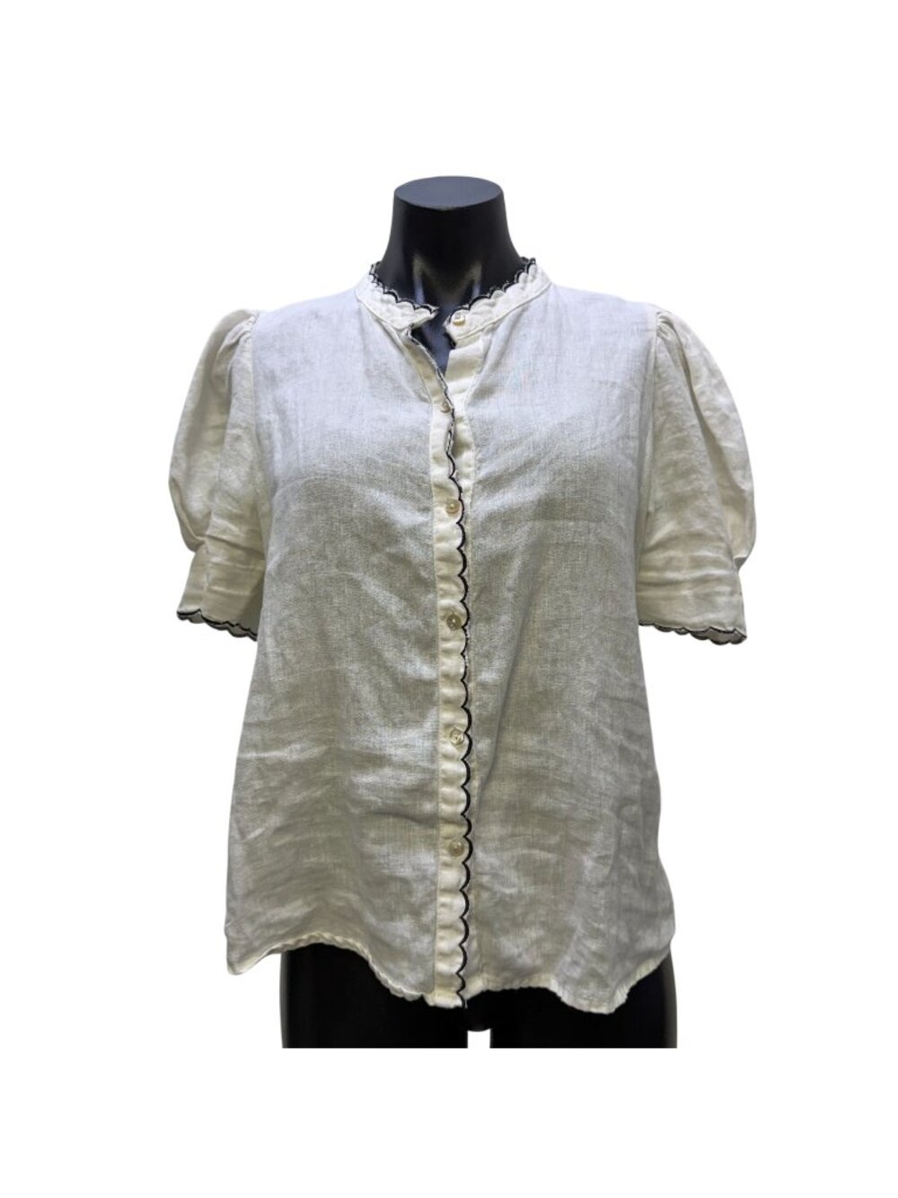 Lanhtropy White Linen Blouse With Scalloped Trim & Puff Sleeves S